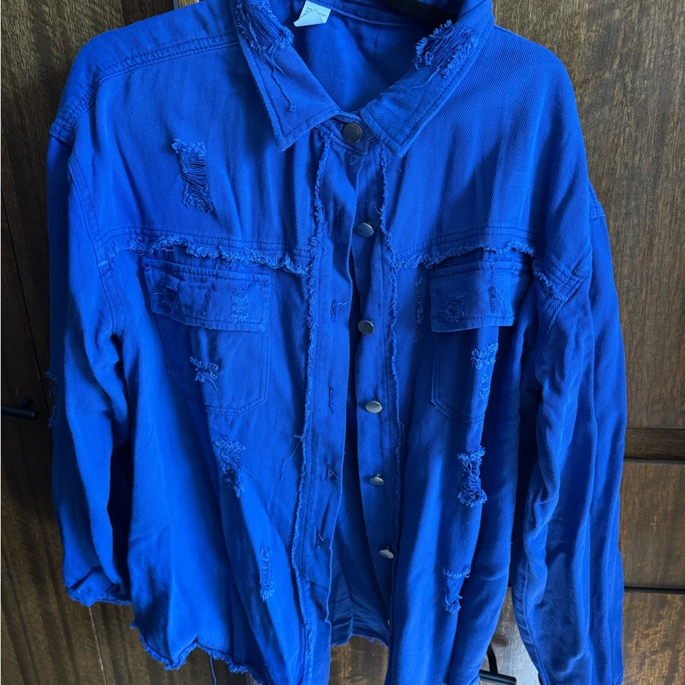 Blue Distressed Button-Up Denim Shirt